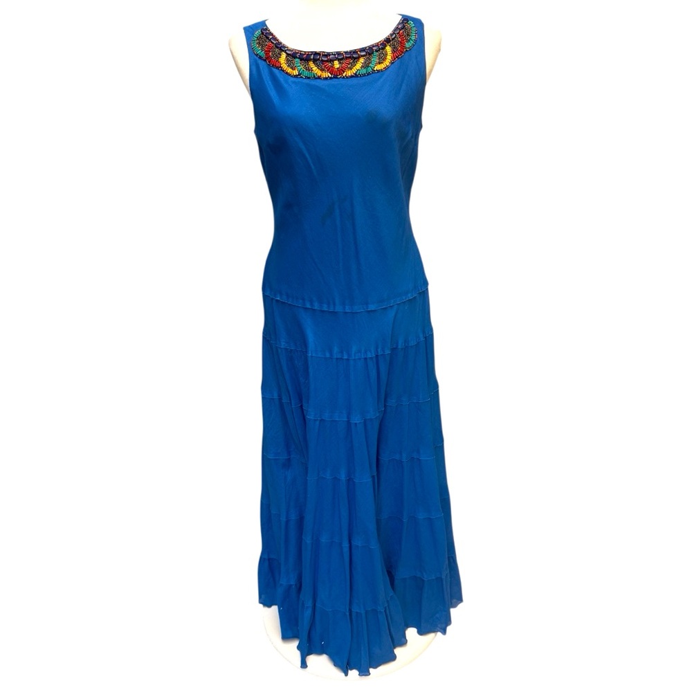 ⬇️JONES NEW YORK Womens Sz 8 Tiered Maxi Dress Sleeveless Boho Blue Lined Gypsy